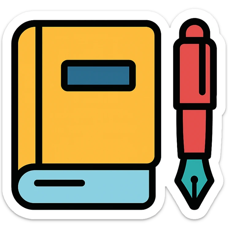 minimalist icon of a book and pen, simple lines, botgoondie color palette sticker