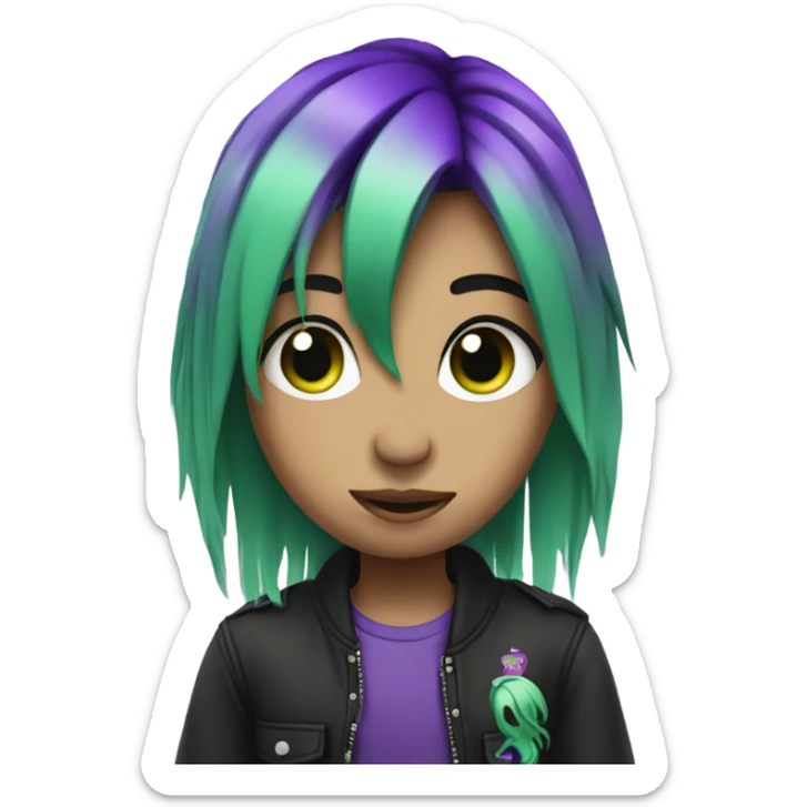 Emo baddie with green and purple hair putting up the peace sign sticker