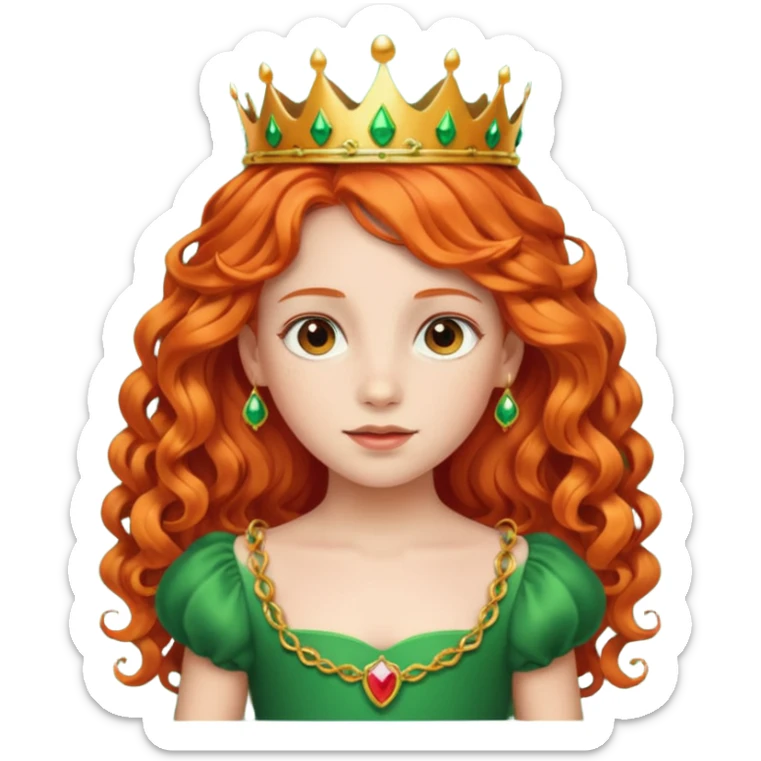 girl kid, Princess with long curly red orange hair, green dress, small crown sticker