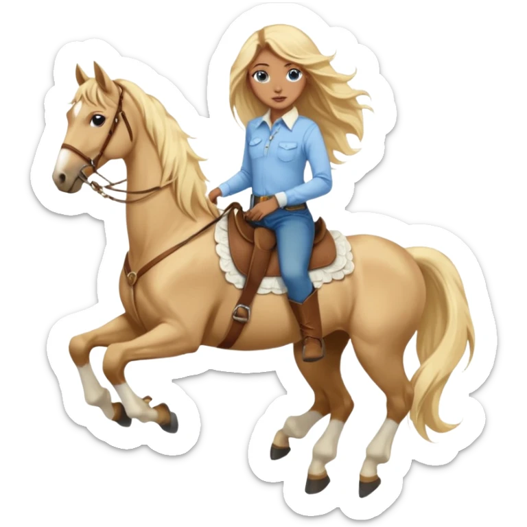 Brown girl with blue eyes and very, very long blonde/gold hair that’s blowing in the wind wearing a cream colored collared long sleeve shirt and jeans with brown boots on top of a brown horse, don’t show it’s legs  sticker