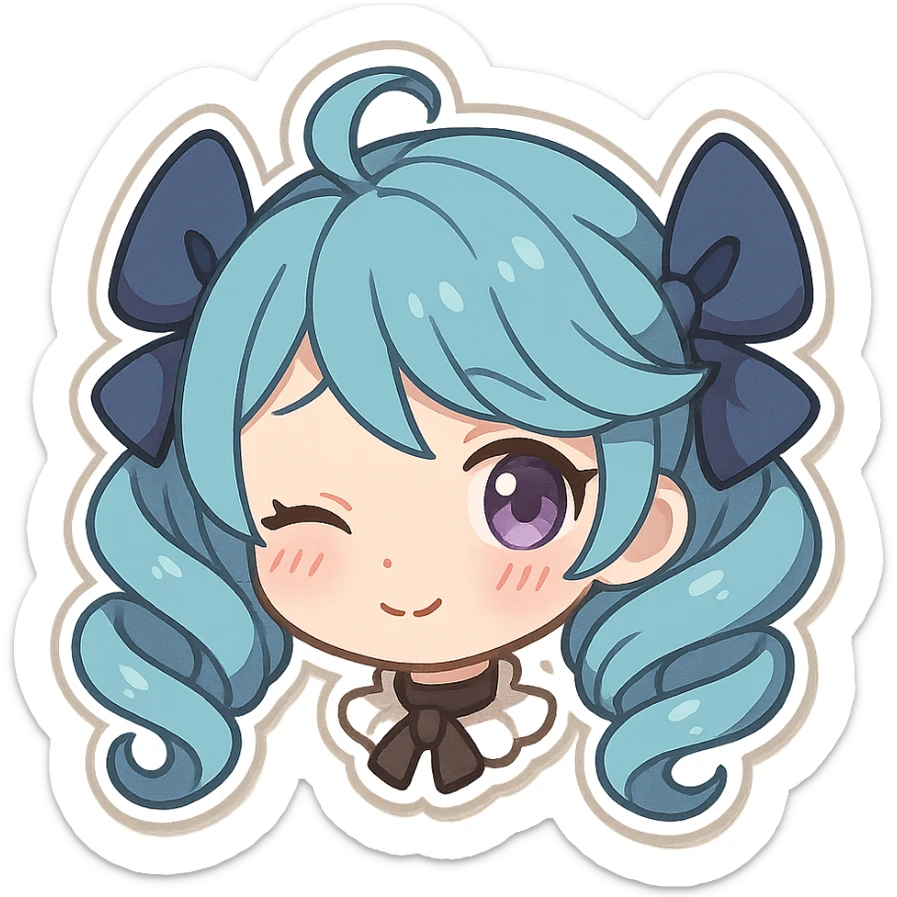 Gwen from League of Legends, shy emote, chibi style, only head, right eye purple sticker