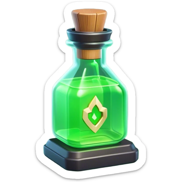 Clash of Clans aesthetic: Cinematic Playful Sci-fi green health pack Emoji, rendered in a 3D vector-style similar to standard emojis with minimal shading and bold, simplified shapes. A compact, futuristic vial with a glowing neon liquid and sleek contours, softly glowing with a healing cosmic charm. Simplified yet unmistakably iconic, highly detailed and consistent, glowing with a soft radiant glow and high shine. Stylized with a touch of futuristic alchemy and a soft glowing outline, capturing the essence of a vital energy elixir with a playful, interstellar spirit! sticker