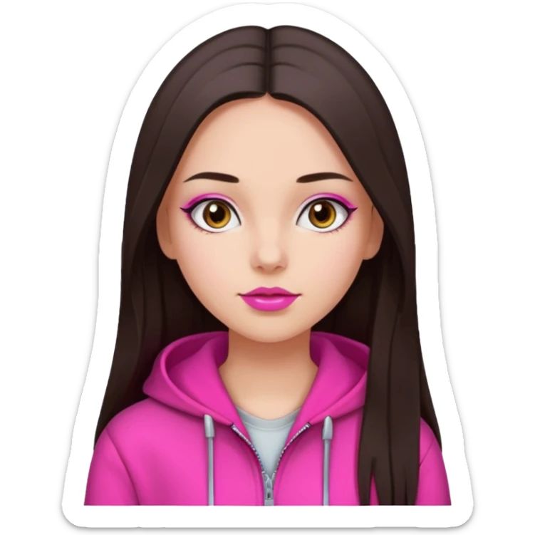 generate a pretty fair bratz girl with dark brown eyes, dark brown hair straight long. Wearing a hot pink zipper hoodie, pink lipgloss sticker