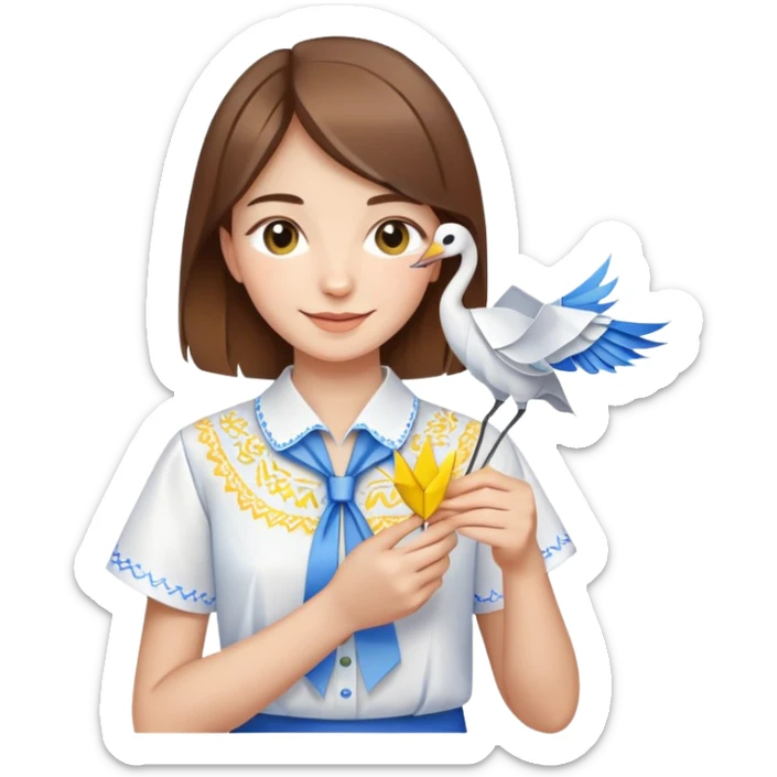 Happy Ukrainian young girl with brown hair in a white embroidered shirt holds an origami yellow and blue crane sticker