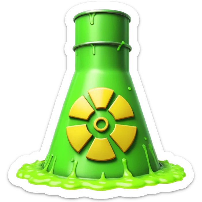 3D render of Nuclear Smokestack, toxic waste aesthetic, neon green bubbling liquid, caution yellow metal, industrial warning texture. sticker