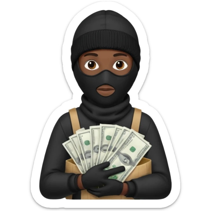 Black Ski mask holding bags of money with  skin color black sticker