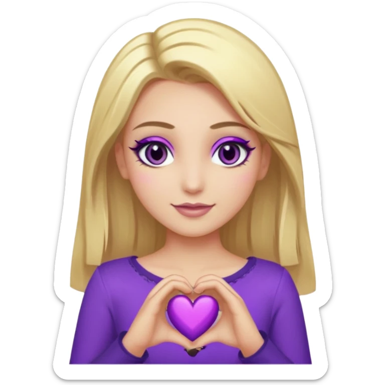 twitch emote, kinda chibi style. blonde hair: long, straight, no bangs. gray eyes. an eyebrow with a slit. purple eyeshadow/eyeliner with gold eyeshadow. only face and arms, hands visible. happy, holding a purple heart. white background. sticker