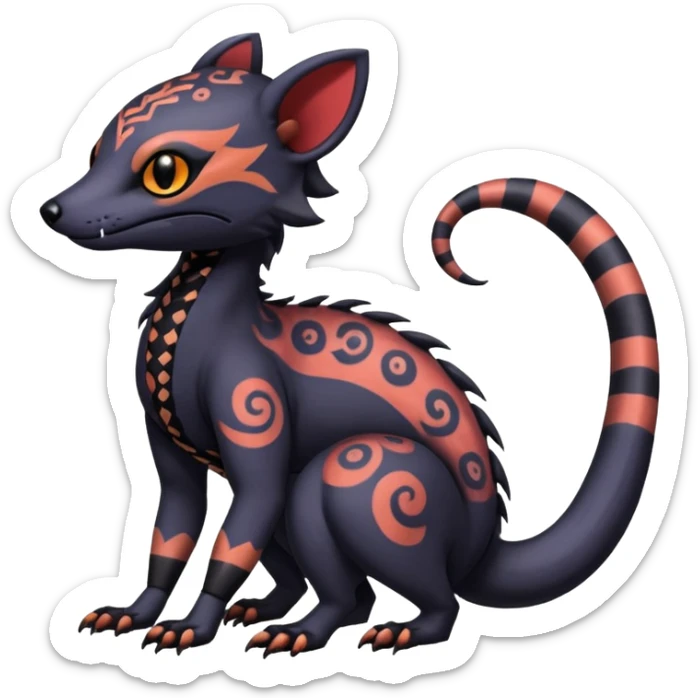 Rare warm-colored exotic gloomy tropical edgy cute epic aesthetic spooky  gothic colorful Salandit-Noibat-Civet-species-Fakemon-hybrid-creature, with tribal tattoo markings, full body sticker