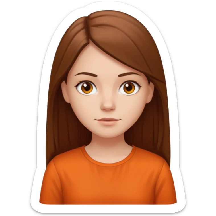white girl with long straight hair and orange blouse not smiling sticker