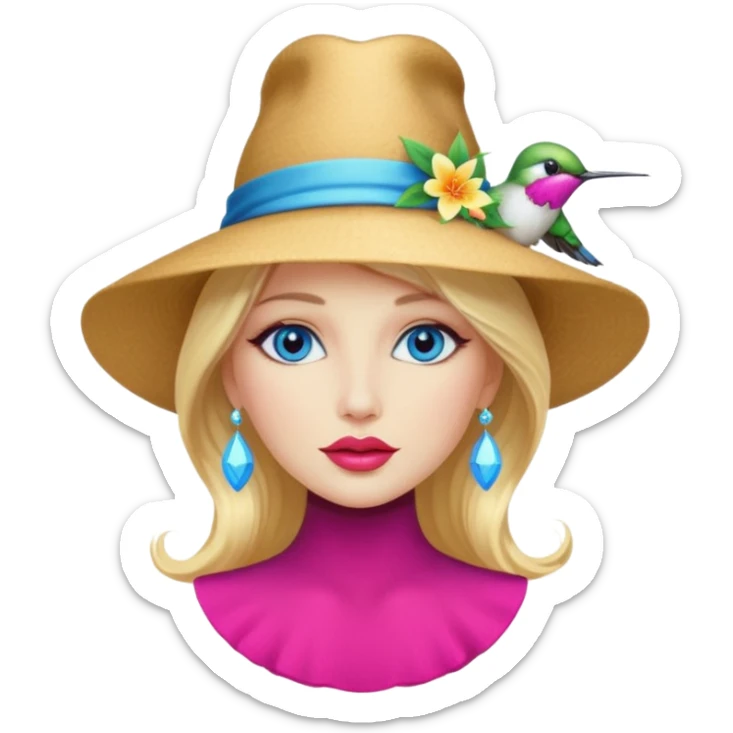 bust woman long blonde hair blue eyes white skin with hummingbird hat and nectar glow lips sticker