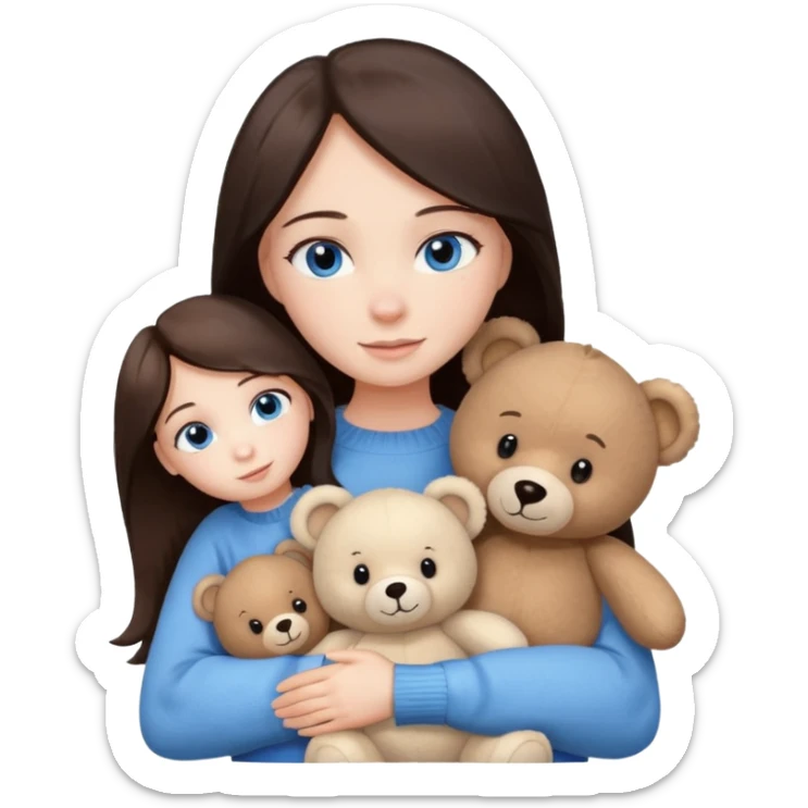 a girl with long dark brown hair, with blue eyes, in a
white sweater, hugs 3 different natural coloured sticker
