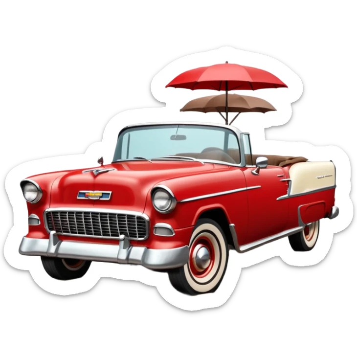 1955 Chevrolet Bel Air Convertible, Red-White color, with a bucket of brown mud pouring down on it, and the car itself is covered in brown mud on all sides, the doors, bumper, hood and wheels are covered in brown mud. 32x32 pixels, aspect ratio: 1:1 sticker