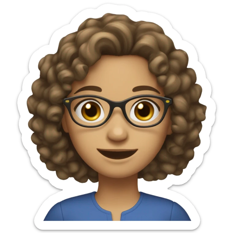 A fair-skinned girl, wearing blue plastic glasses, her hair is curly, she has a beautiful smile, and her left eyebrow is slit. She has dark hazel eyes, her hair is brown and curly, and she wears an olive-coloured blouse sticker