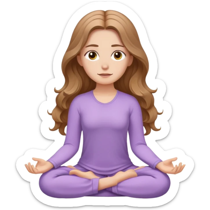 White girl, with long wavy light brown hair and hazel eyes, meditating wearing lilac sticker