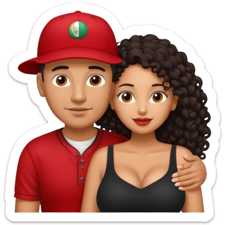 A picture of an embracing tanned couple. the man is a Mexican man with tanned skin, with a bald hair cut wearing a red baseball hat and wearing a black shirt. the woman is mixed, with glasses,  with long curly dark brown hair and with big boobs. Remove the glasses from the guy sticker