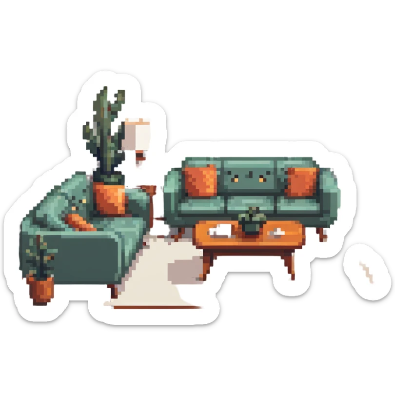 escenary 3d of a cozy mid-century living room with two people working on laptops, one man standing at a desk, and one woman sitting on a couch sticker