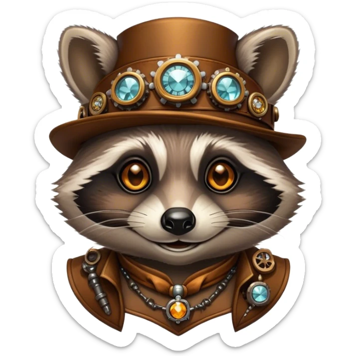 Steampunk style illustration depicting a happy raccoon with tanned skin, adorned with amber and diamonds sticker