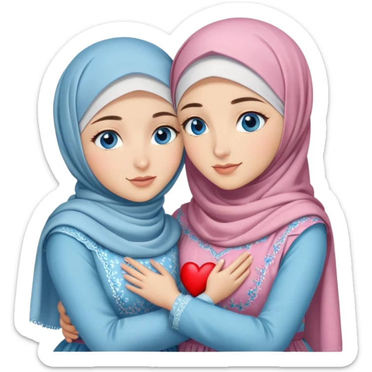 Two Turkish beautiful finish Konya girls blue eyes with hijab and heart dress and hugs  sticker