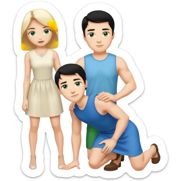 King, man, upright, black Hair, blue eyes, whole body, Woman, bending knees, blonde, green eyes, sleveless White Dress, sticker