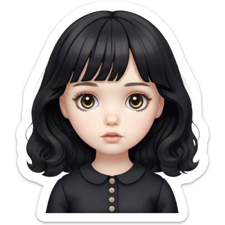 a very pale sad feminine white girl with medium length black wavy hair with bangs with big light brown eyes looking like a porcelain doll with black clothes sticker