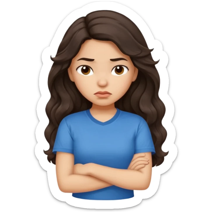 Hispanic girl with long dark brown wavy hair crossing her arms and  pouting sticker