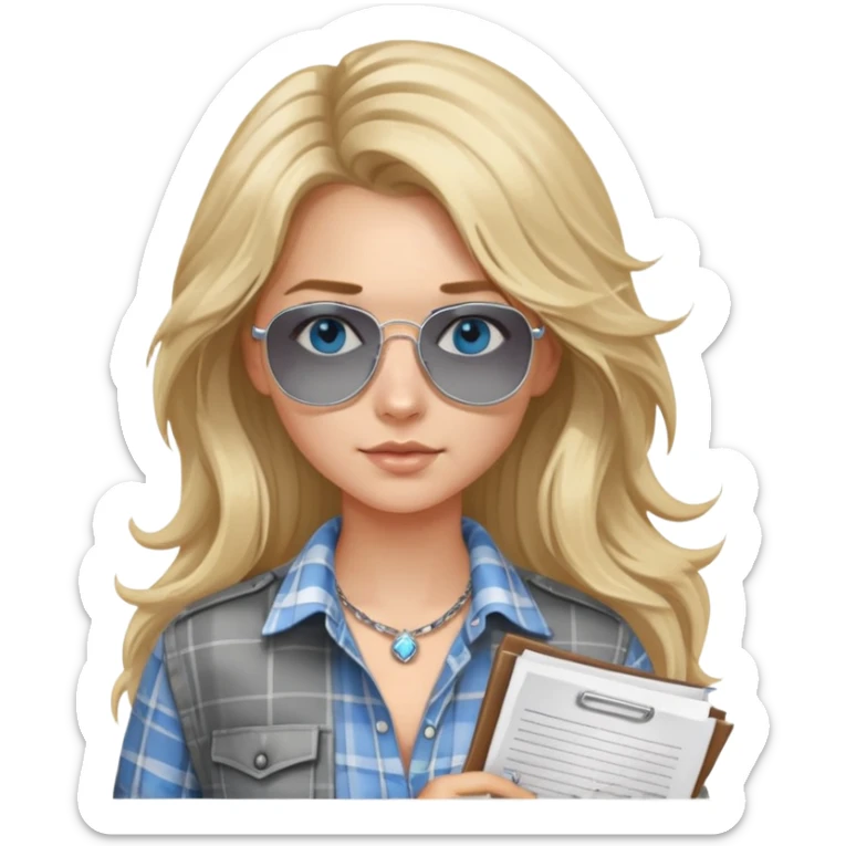 girl with long blond messy hair wearing grey plaid shirt with blue eyes and aviator sunglasses wearing a ring on her silver necklace, holding lawyer papers sticker