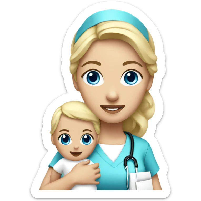 female nurse with blonde hair blue eyes holding baby sticker