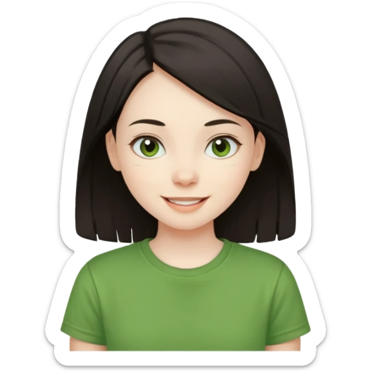 Young girl with straight, dark hair, damaged and unattractive, wearing a green T-shirt, looking happy and cheerful. sticker