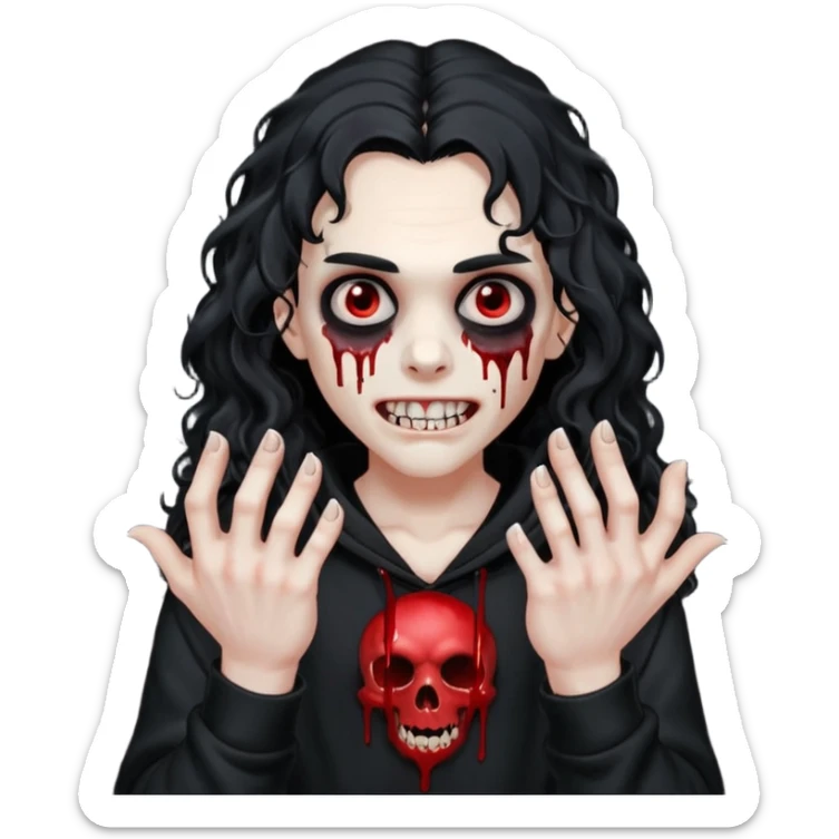 Vampire wearing a black hoodie with a skull logo on it, long curly hair that covers the forehead, fanged teeth and blood on hands sticker
