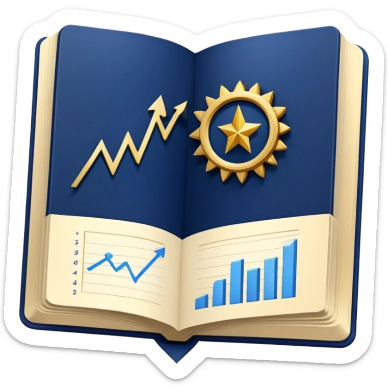 A navy blue productivity book with gold details, chart with upward trend aura, radiating productivity, strategy, and success in motion- sticker