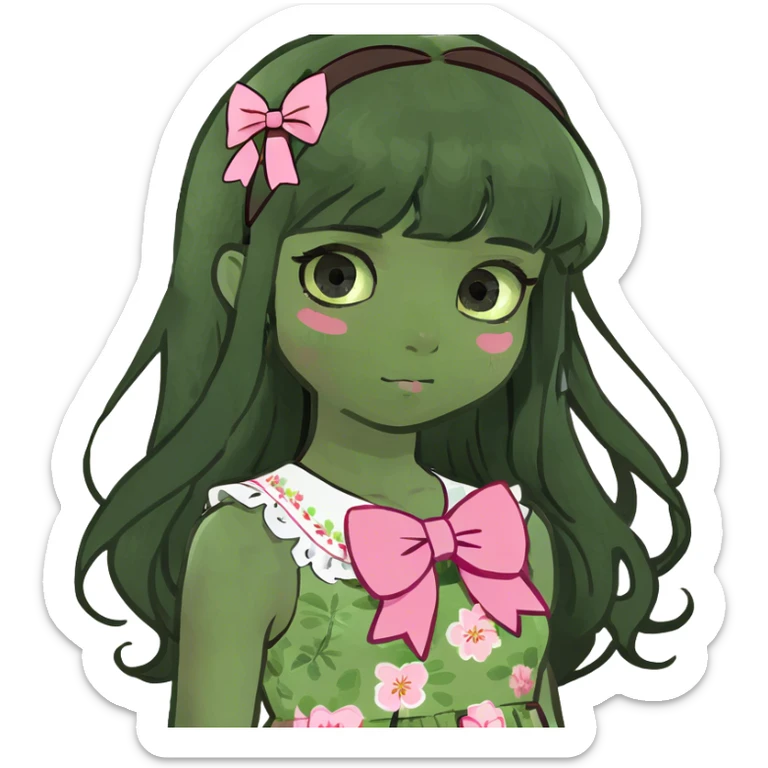 Cute girl with long black hair, pink bow, brown eyes, sad face sticker
