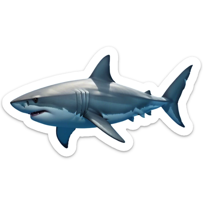 Cinematic Noble Great White Shark Portrait Emoji, Poised and regal, with a robust, torpedo-shaped body, a pointed snout, a gleaming white underbelly contrasting with a slate gray dorsal surface, and piercing, intense eyes scanning deep blue waters, Simplified yet sharp and sophisticated features, highly detailed, glowing with a cool, oceanic luminescence, high shine, intelligent and commanding, stylized with an air of marine authority, focused and vigilant, soft glowing outline, capturing the essence of a watchful and confident predator that appears ready to surge out of the screen with effortless power! sticker