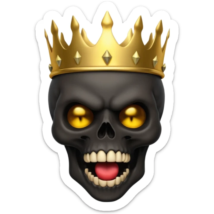 Demonic 3D skull holding its head in shock, mouth open, wearing a golden crown, dark horror vibe sticker