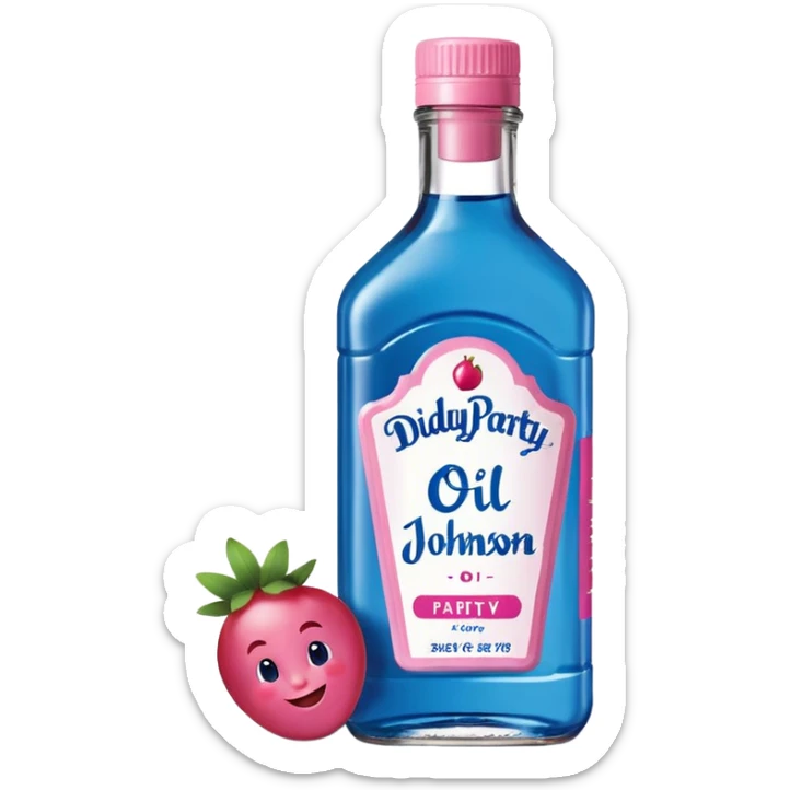 bottle of oil blue top pink outside with logo that says Diddy Party oil Johnson and Johnson  brand with a smiling berry on top sticker