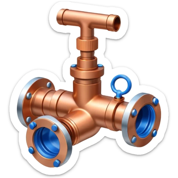 3D icon of connected copper pipes with a blue valve in the center, professional Pixar-like style, plumbing-focused, slightly shiny metallic textures, white background



 sticker