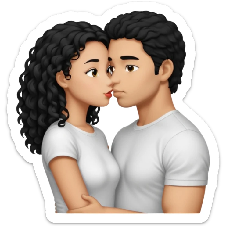 a strong man with short straight black hair kissing a shorter girl with long black curly hair sticker