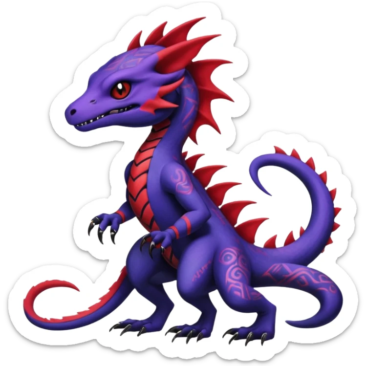Rare warm-colored exotic gloomy tropical edgy cute epic aesthetic spooky indigo purple white black red gothic colorful Salandit-charmeleon-sergal-species-Fakemon-hybrid-creature, with tribal tattoo markings, full body sticker