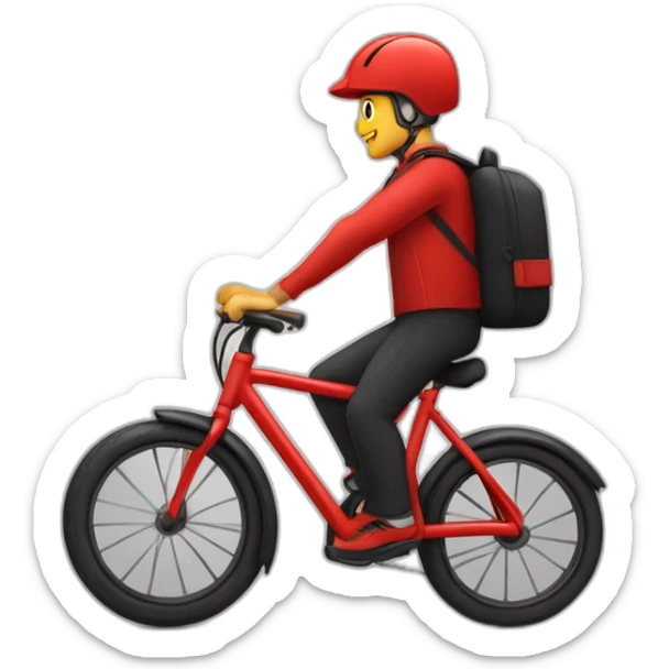 Garçon en tenue rouge sur un vélo noir, vélo avec un sac tout rouge cubique sticker