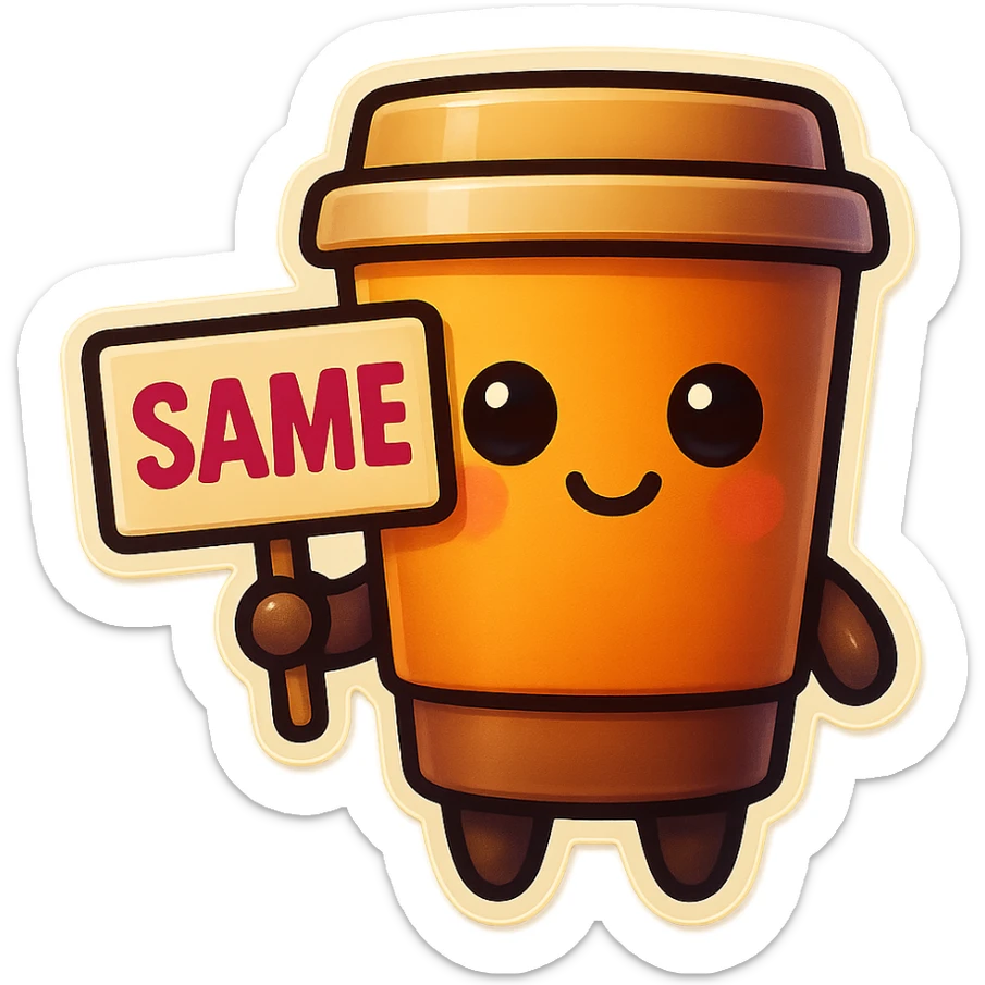 Tall coffee cup, no mouth, holding sign "same" sticker