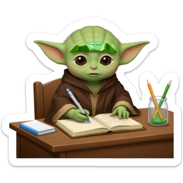 Baby Yoda con su tunica chocolate escribiendo en un cuaderno sobre un escritorio en un aula de clases sticker