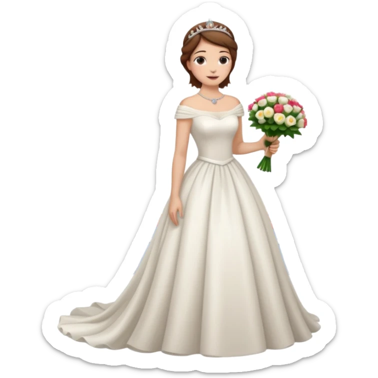 Chica blanca,cuerpo entero, vestido boda cuello barco y , pelo castaño,   1 ramo de flores , pelo recogido con tiara, cola por la parte de atrás del vestido sticker