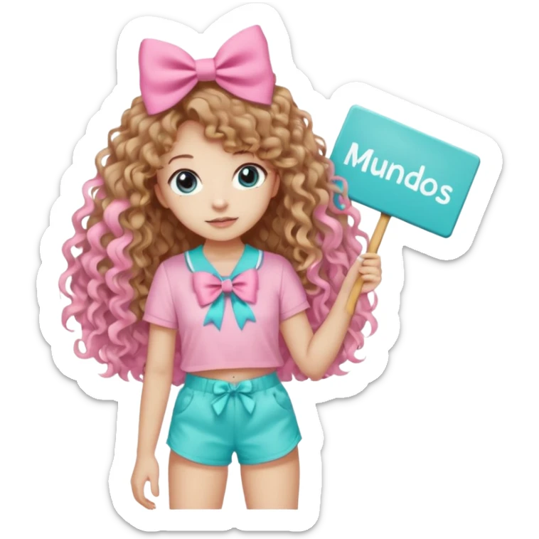 Crea una imagen mía kawai para stickers q tenga bonitos ojos cabello largo crespo color castaño claro y un hermoso moño rosa la blusa rosada y un hermoso chort color azul aguamarina y en sus manos un letrero q diga mundos Artistico Cc los zapatos estilo converse sticker