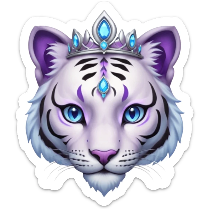 ESO Female white/black tiger khajiit leader of the umbral rose, glowing blue eyes, glowing blue 'third eye' gem; beautiful desined purple gemmed silver tiara sticker