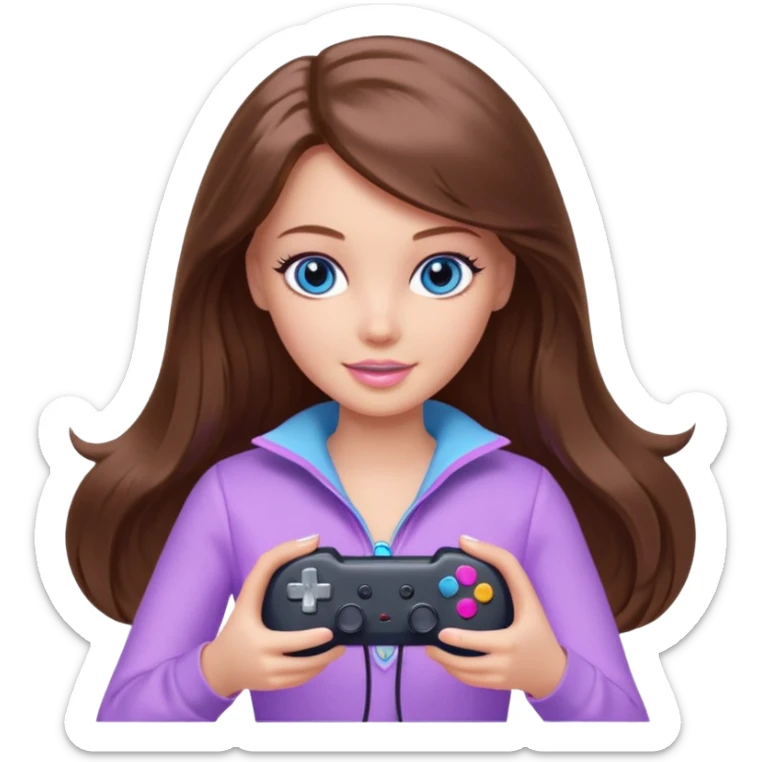 beautiful barbie girl with long brown hair, blue eyes and wearing light purple clothes playing console games with controller sticker
