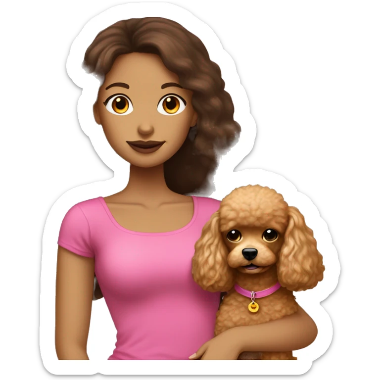 Long straight hair brunette girl in pretty pink strapples top holding a golden toy poodle sticker