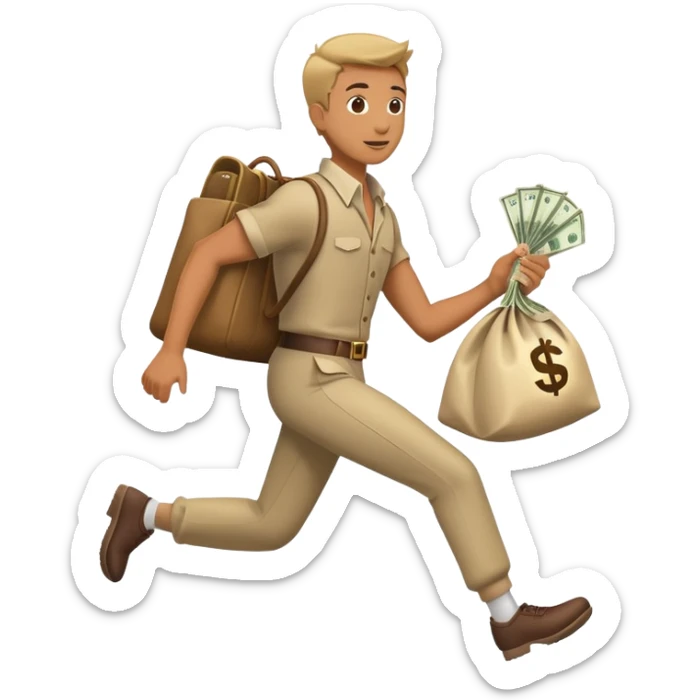 Man in costume, holding a bag money, side view, male, running away sticker