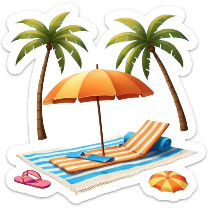 Icon for Beach Tourism: with the blue ocean, orange sunset sun and palm trees in the background, a sun umbrella, flip-flops, and a beach towel on the sand. The icon should represent relaxation and fun at the beach. Transparent background. sticker