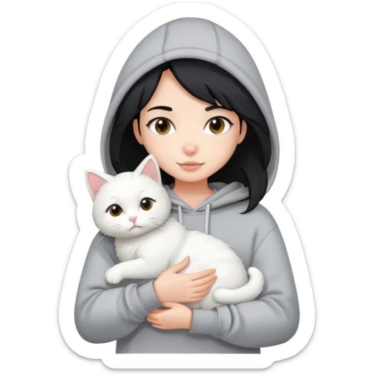 black hair girl wear hoodie with white cat sticker