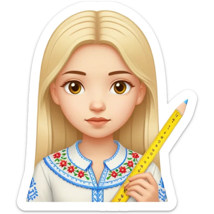 A Ukrainian girl in an embroidered shirt holds a ruler and the number “7” sticker