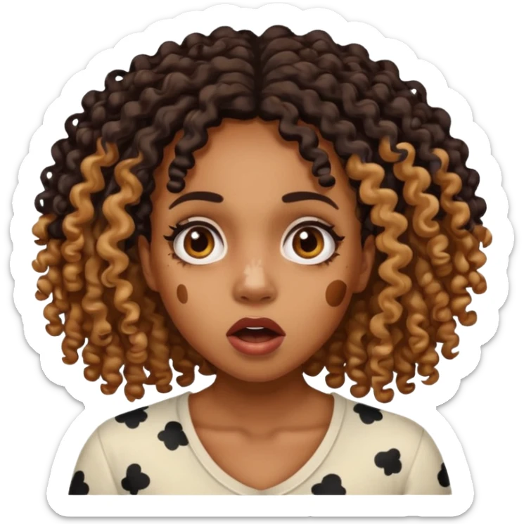 Emoji of a very shocked black female with vitiligo (alot of vitiligo patches) give her more curly hair sticker